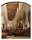 Famous Central Paintings - Worshippers In The Central Aisle Of The Pieterskerk, Leyden